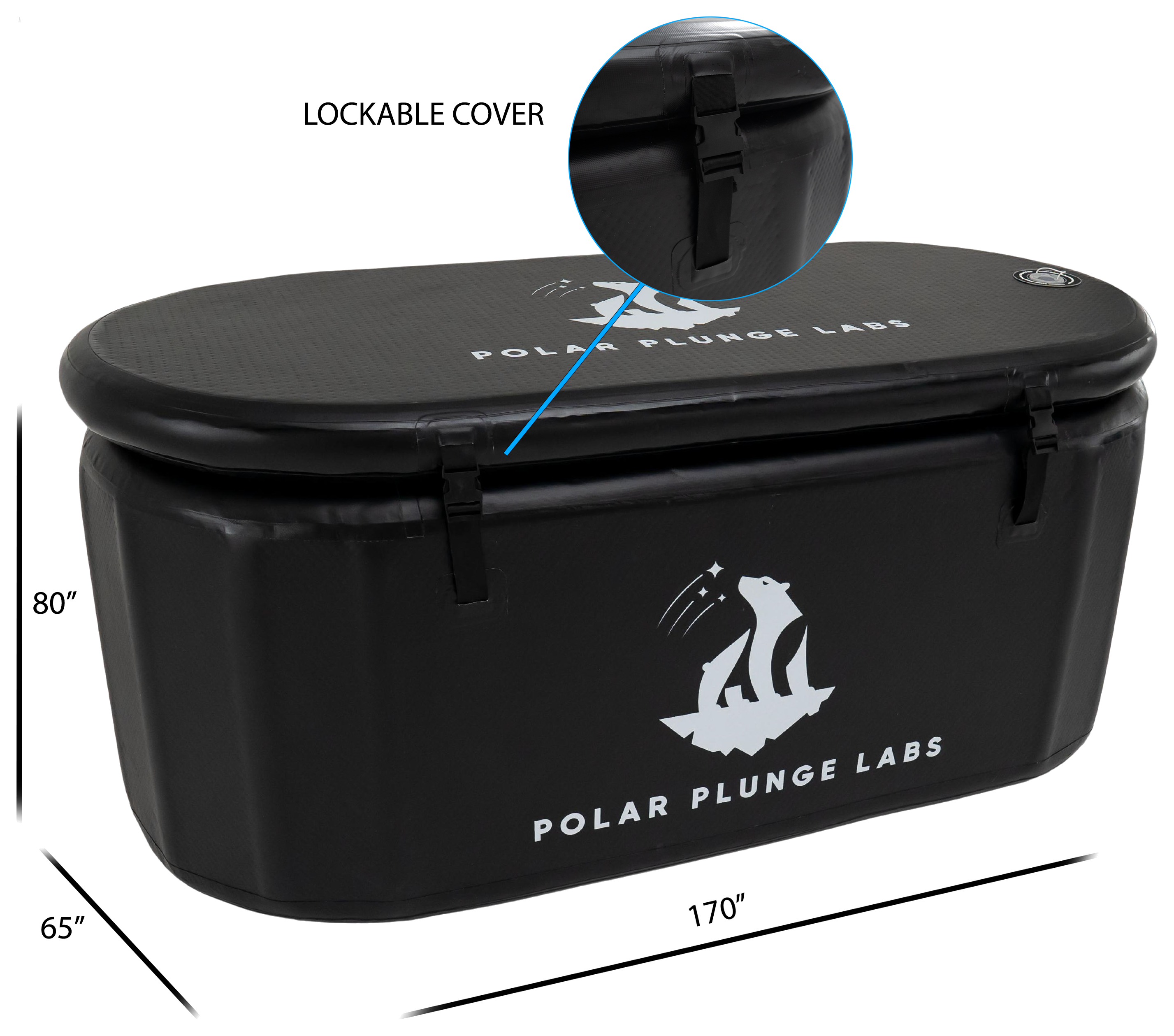 Polar Plunge Labs tub with lockable lid, 170 by 65 by 80 inch dimensions